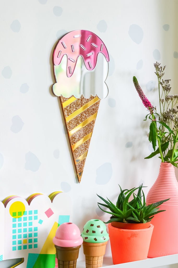 Acrylic Mirror Glitter Ice Cream Wall Art: A delightful addition to any home. Crafted with care, this unique piece features a playful ice cream design with glitter accents. Hang it easily to infuse your space with color and personality. Perfect for contemporary homes and those who appreciate modern decor."