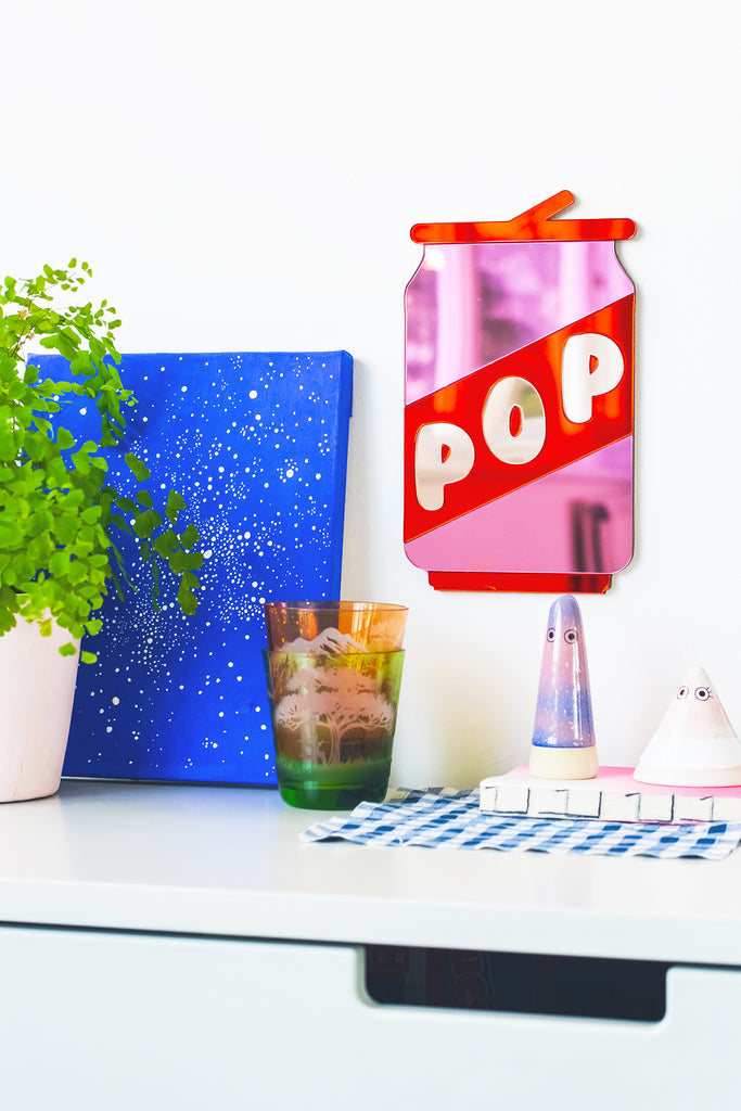 Soda Pop Acrylic Mirrored Wall Art: A delightful addition to any home. Crafted with care, this unique piece captures retro pop art vibes with its playful design. Hang it easily to infuse your space with personality and charm. Perfect for contemporary homes and those who appreciate retro decor